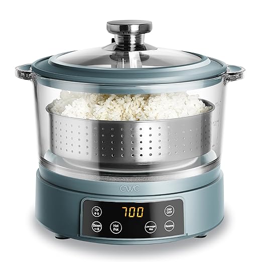 COOK WITH COLOR 3L Glass Mini Low Carb Rice Cooker – Holds 2 Cups Raw/Makes 6 Cups Cooked with Auto Lift Filter Basket Hotpot &amp Steamer for Rice Grains Digital Panel with Keep Warm Slate Blue