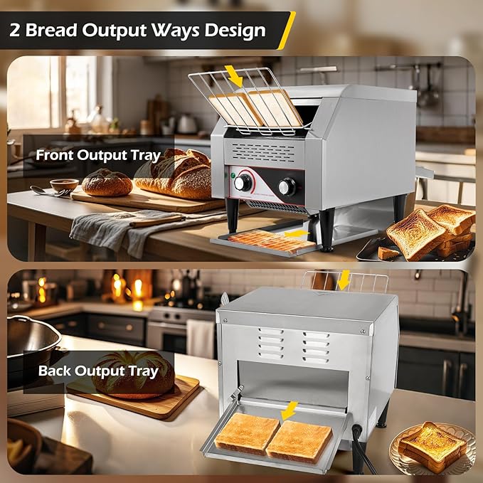 Dyna-Living Commercial Toaster 300 Slices/Hour Conveyor Toaster Commercial 1900W Heavy-duty Stainless Steel Rotating Toasters Oven for Restaurant Conveyor Belt Toasters for Bun Bagel Bread