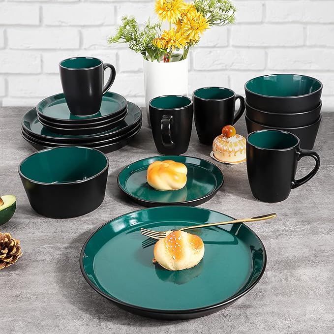 Plates and Bowls Sets 16 Pieces Dinnerware Sets Dishes Set for 4 Christmas Kitchen Set is Home Essentials Dark Green &amp Black