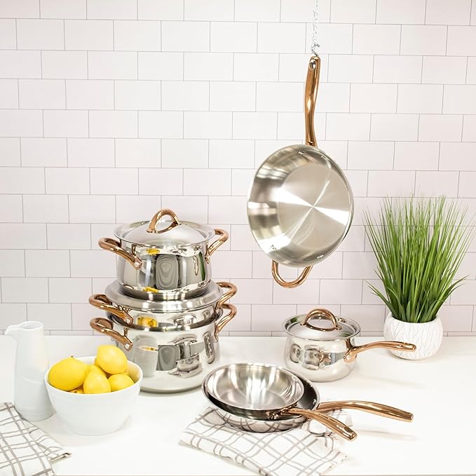 BergHOFF Ouro Gold 18/10 Stainless Steel 17Pc Cookware Set With Lids 11Pc Induction Pots and Pans and 6Pc Bamboo Cooking Utensils Set PFOA-free Rose Gold Handles