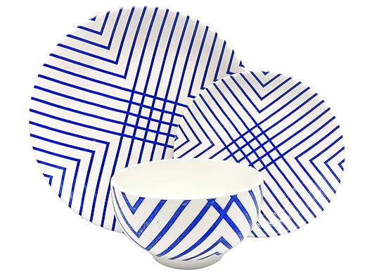 Melange Porcelain 16-Piece Dinnerware Set | Indigo Checks Collection | Service for 4| Microwave Dishwasher &amp Oven Safe | Dinner Plate Salad Plate Soup Bowl &amp Mug (4 Each)
