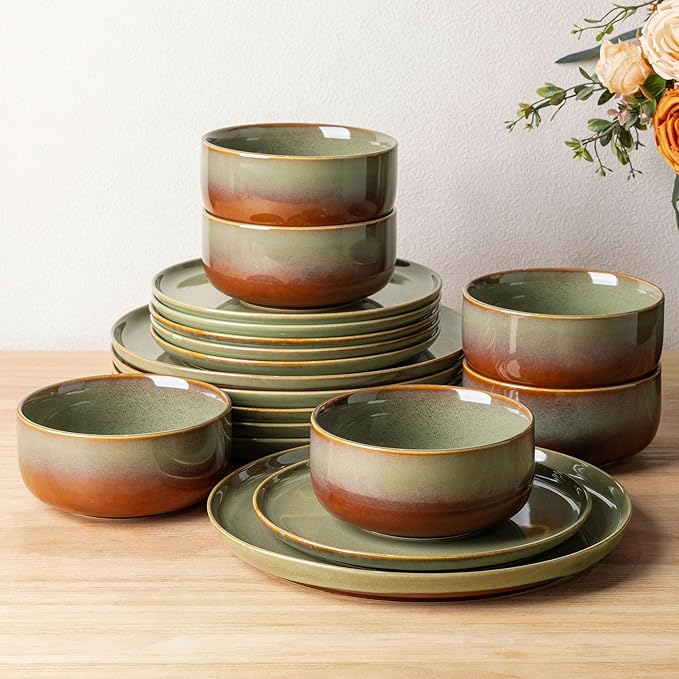 TheTerra Ceramic Dinnerware Sets for 6 18 Pieces Handmade Reactive Glaze Plates and Bowls Set Scratch Resistant Dish Set Oven &amp Microwave &amp Dishwasher Safe Sage Umber