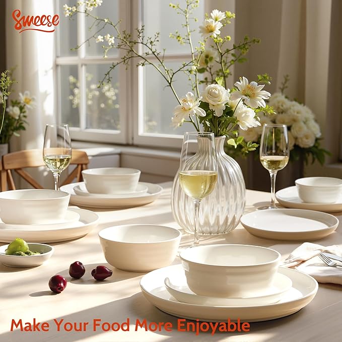 Sweese Plates and Bowls Sets18 Pieces Modern Porcelain Dinnerware Set for 6 Handcrafted Uniqe Dinner Set Ceramic Dishware Dishes Microwave and Dishwasher Safe White