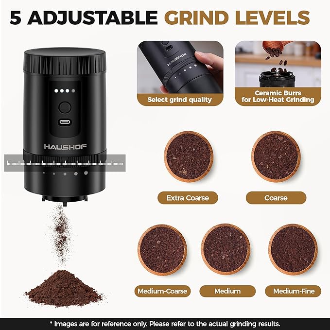 HAUSHOF Portable Coffee Maker Camping Coffee Makers Travel Mini Coffee Maker Portable Travel Coffee Maker with Grinder Personal Cordless Travel Coffee Maker for Car Camping and Home