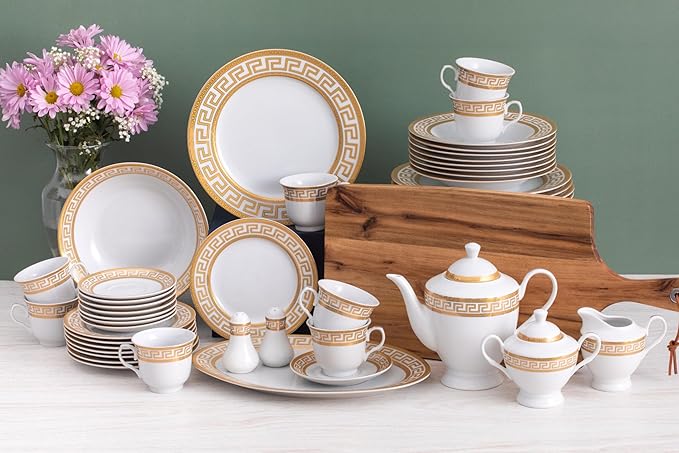 Porcelain Dinnerware Set for 8 - Luxurious 49 Piece Dish Set - White and Gold Greek Key Design - Dinner Plates Bowls Cups and Saucers for Everyday Dishes or Formal Occasions (Meander Gold 2049)
