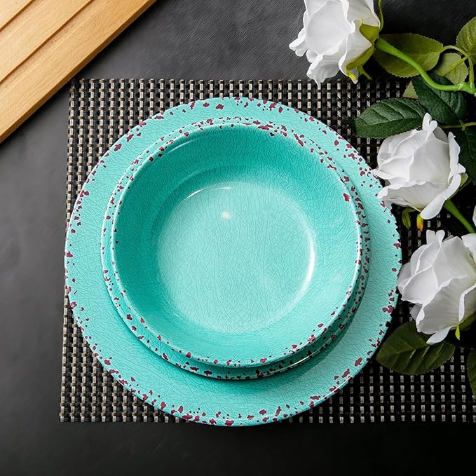 12 Pcs Melamine Dinnerware Sets Kitchen Plates and Bowls Set Camping Picninc Serving Dishes for Indoor Outdoor Dinner Plates Dishwasher Safe BPA Free Unbreakable Round Plates Turquoise