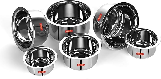 Sumeet Stainless Steel Mini to Big Size Flat Bottom Induction &amp Gas Stove Friendly Tope/Patila/Cookware Set of 6Pcs (370ML 550ML 800ML 1100ML1400ML 1800ML)