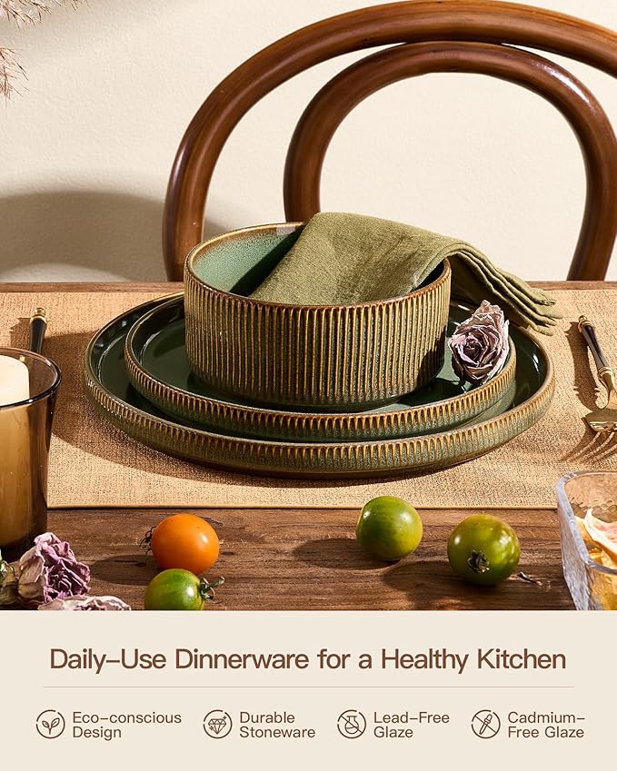 Stoneware Dinnerware Sets Handcrafted Double Reactive Glaze Plates and Bowls for Everyday &amp Formal Dining Microwave &amp Dishwasher Safe Scratch Resistant Dishes Service for 4 (12-Piece) Moss