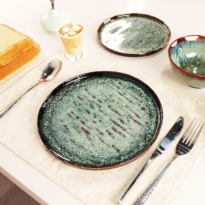 Dinner Set 12 Pieces - Round Reactive Glaze Tableware - Kitchen Dinnerware Porcelain Crockery with Dinner Plate Bowl and Soup Plate Service for 4 Microwave Dishwasher Safe Set (No.3)