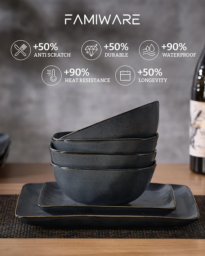 Famiware Dinnerware Sets for 6 Ocean Square 18-Piece Kitchen Plates and Bowls Sets Microwave and Dishwasher Safe Scratch Resistant Matte Black