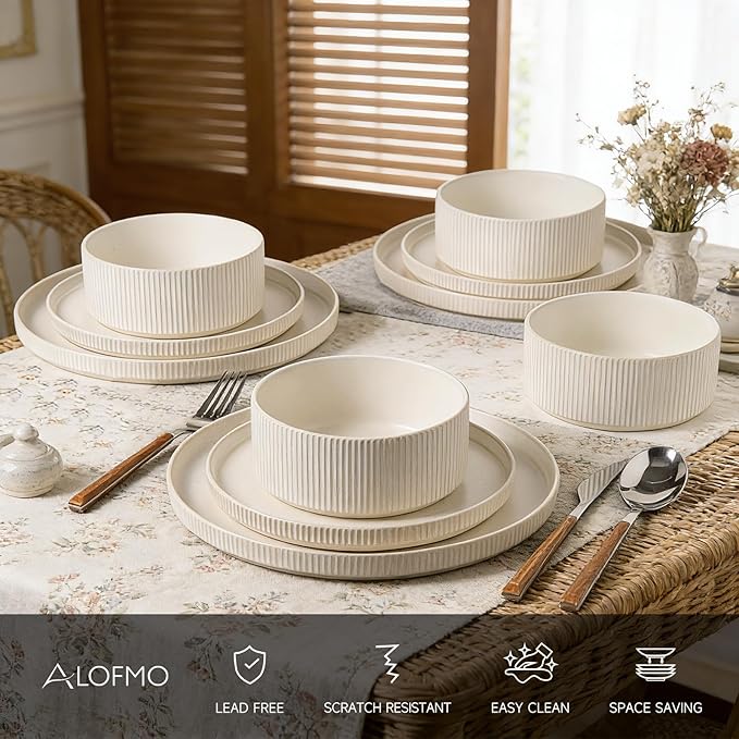 Dinnerware Set Service for 4 12-Piece Ceramic Plates and Bowls Set Chip &amp Scratch Resistant Microwave and Dishwasher Safe Modern Minimalist Tableware for Everyday Use Matte White