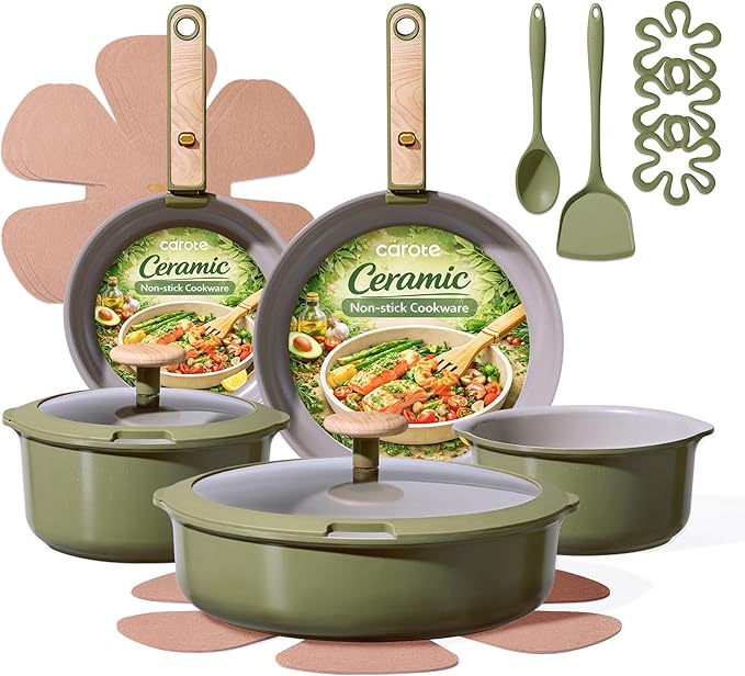 CAROTE 18 Pcs Ceramic Cookware Set Detachable Handle Non Toxic Pots and Pans Set Non Stick Induction Kitchen Cookware Removable Handles Oven Safe Stackable RV/Camping Cooking Set Green