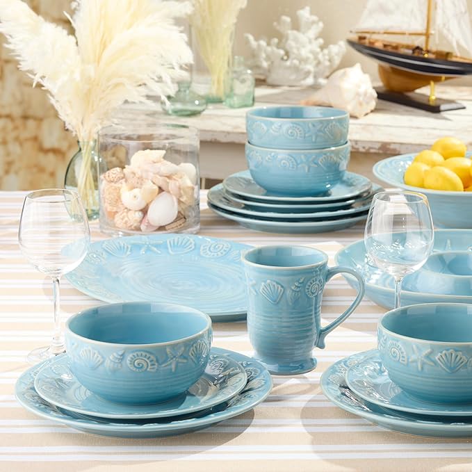 Coastline Blue 16-Piece Stoneware DINNERWARE SETSERVICE for 4with embossed coastal shells and starfish durable sea-blue tableware for relaxed coastal living everyday meals