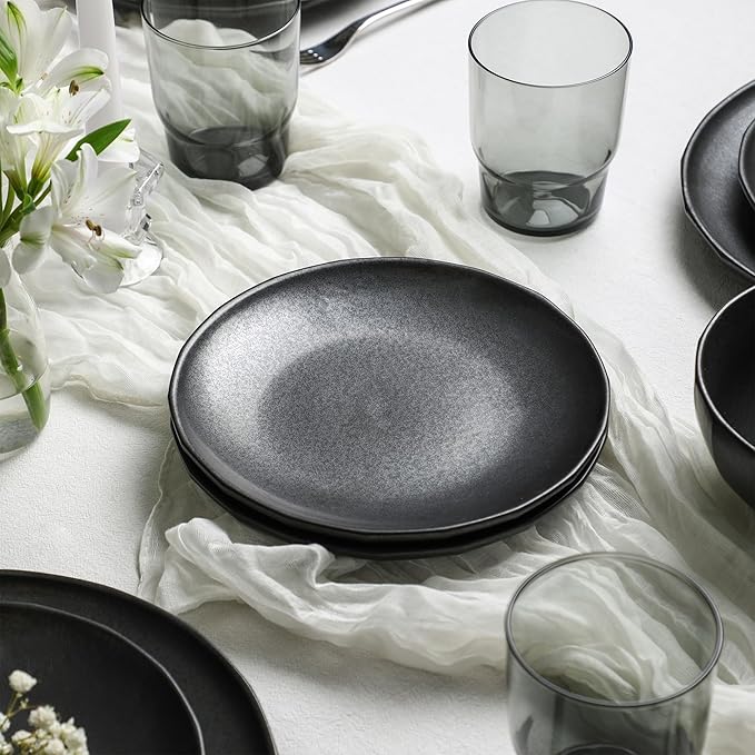 Stone Lain Rio Stoneware 16 Piece Dinnerware Set Plates and Bowls Sets Black Dish Set for 4 with Fluted Colored Glass Cups Microwave &amp Dishwasher Safe
