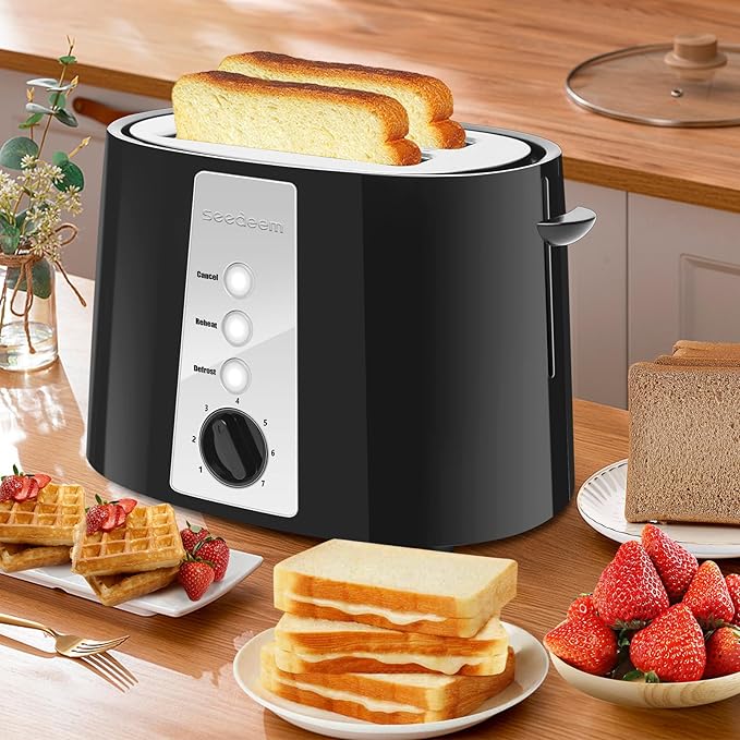 SEEDEEM Toaster 2 Slice 7 Shade Settings Bread Toaster with Cancel Defrost Reheat Function Extra Wide Slots for Waffle or Bagel Removable Crumb Tray 750W Classic Black