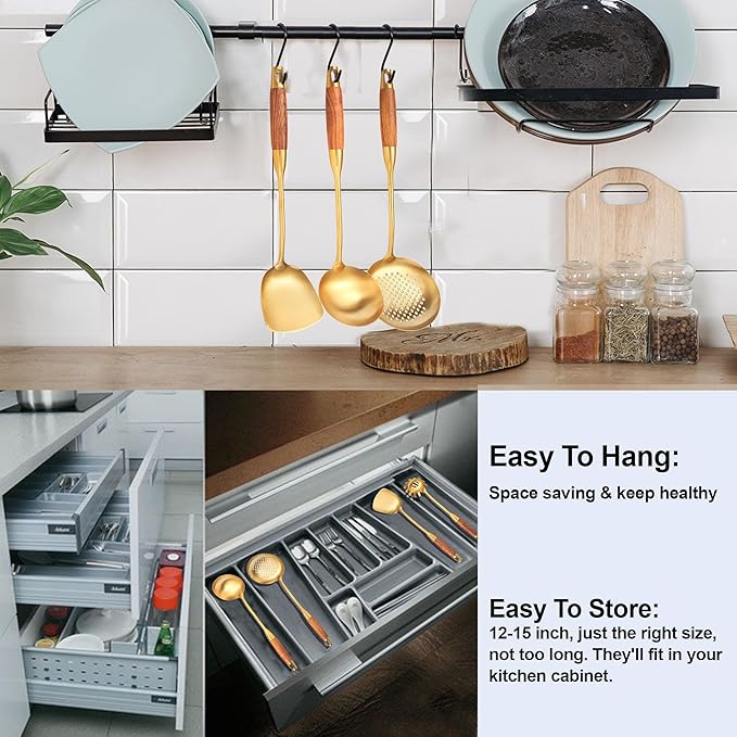 Gold Kitchen Utensils Set with Wooden Handle 6 PCS Professional Stainless Steel Cooking Utensils Set Wok Spatula Ladle Skimmer Slotted Spatula Turner Spaghetti Spoon Large Spoon
