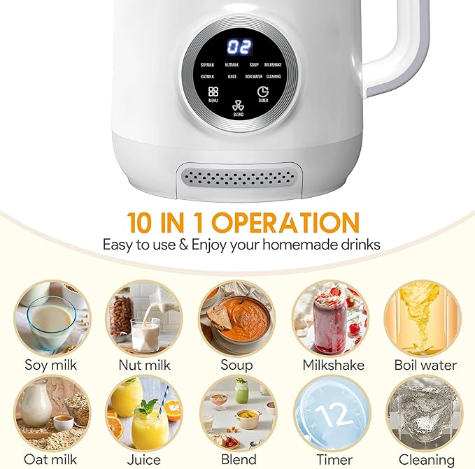 40oz Nut Milk Maker Machine 10 in 1 Automatic Soy Milk Maker for Homemade Almond Oat Soup Plant-Based Soybean Machine with Delay Start/Keep Warm/Boil Water/Self Cleaning/Quiet Blender White