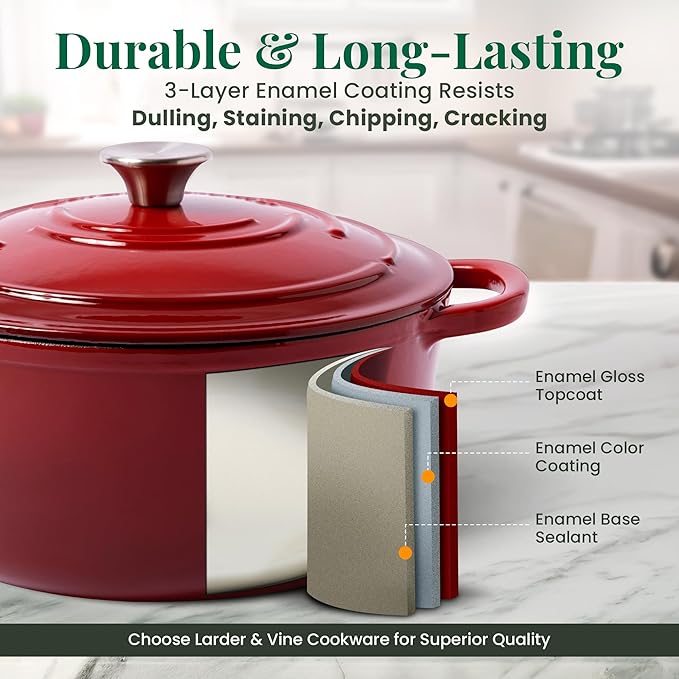 Larder &amp Vine Enameled Cast Iron Dutch Oven Pot with Lid | Bread Baking | Compatible on All Cooktops &amp Oven Safe to 500° F | Great for Sourdough Bread | Cabernet