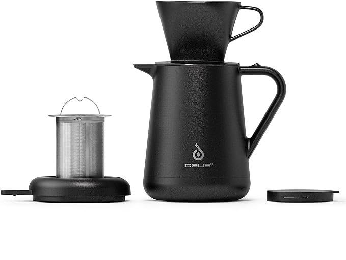 Ideus Insulated Pour Over Coffee Maker Set 20oz Stainless Steel Coffee Pot Pour Over Set Camp Coffee Carafe BPA-Free with Dripper and Tea Infuser for Home Office &amp Camping (Black)