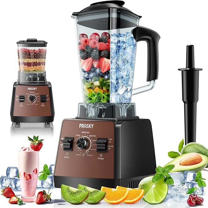 Blenders for Kitchen Smoothie Blender 2400W/1000W Prasky Blender &amp Grinder Combo 25000 RPM High Speed 68oz BPA-Free Food Processor Countertop Blender for Smoothies Shakes &amp Food (Brown