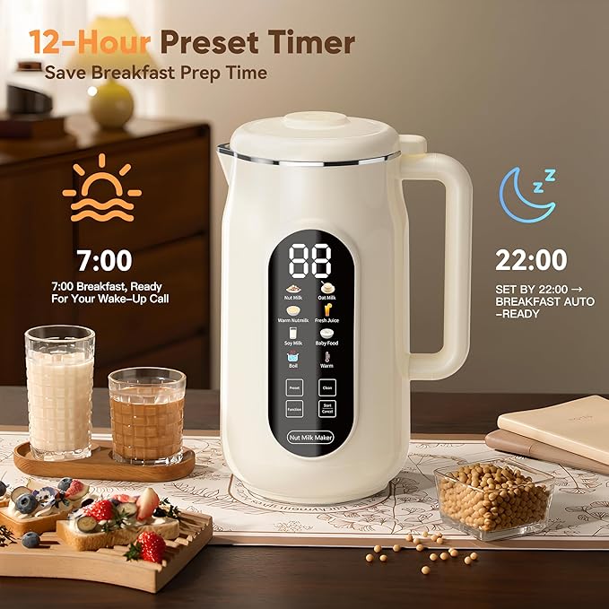 10-in-1 Nut Milk Maker Machine 42oz Automatic Nut Milk Maker with LED Touch Screen Self-Cleaning 12H Delay Start Keep Warm Automatic for Soy/Oat/Almond Milk JuiceCoconutPlant Base &amp Boil W