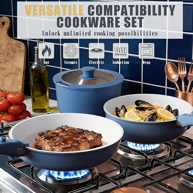 Umite Chef Pots and Pans Set Non Stick 21 pcs Ceramic Cookware Set with Detachable Handles Healthy Induction Cookware Oven Safe RV Kitchen Cooking Set with Utensils PFAS PFOA &amp PTFE Free Navy