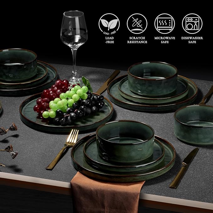 Vesteel Dinnerware Sets 12-Piece Stoneware Plates and Bowls Set Dishes Set for 4 Elegant Ceramic Dinnerware for Home Restaurant - Sage Green