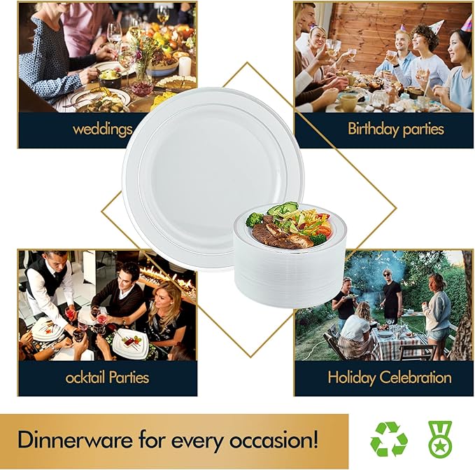 Vplus 100 Piece 10 Inch Silver Plastic Plates Disposable Heavy Duty White Elegant Durable Dinner Plastic Party Plates with Silver Rim Perfect for Party Christmas