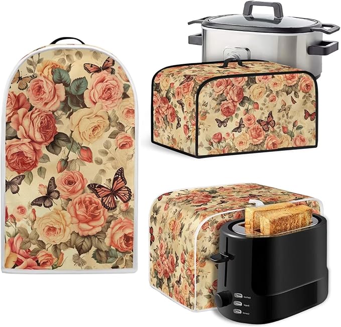 Pink Toaster Cover 4 Slice Toaster Cover Flower Kitchen Small Appliance Dust Cover with Blender Dust Cover Stand Mixer or Coffee Maker Appliance Cover Dust and Fingerprint Protection Set of 3