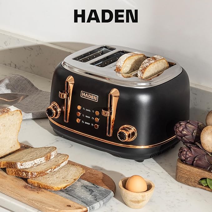 Haden Heritage 4 Slice Wide Slot Stainless Steel Toaster Bundled with 12 Cup Programmable Drip Coffee Maker Coffee Machine Black &amp Copper