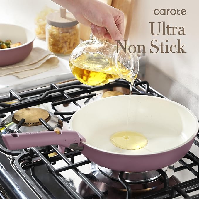 CAROTE 5pcs Pots and Pans Set Nonstick Cookware Set Detachable Handle Induction Kitchen Cookware Sets Non Stick with Removable Handle RV Cookware Set Gold and Purple