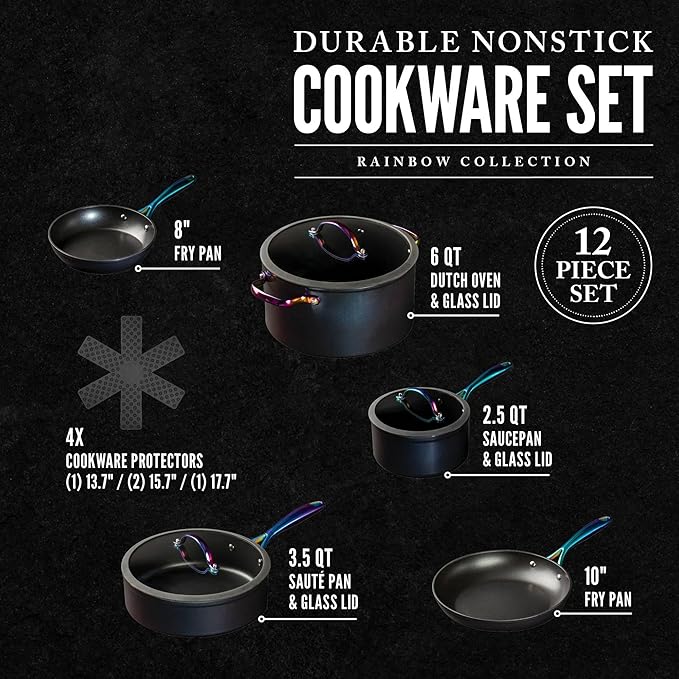 12-Piece Non-Stick Aluminum Cookware Set with Induction Base Oven Safe Black Finish (Black &amp Rainbow)