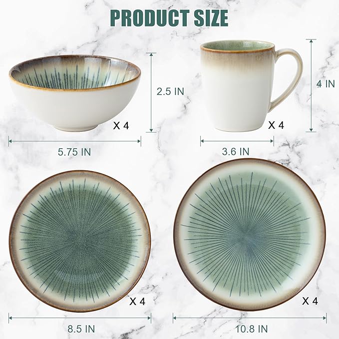Dinnerware Set Green Stoneware 16 Pieces Service for 4 Stoneware Plates and Bowls Set Highly Chip Dishwasher Microwave Safe Dishes set