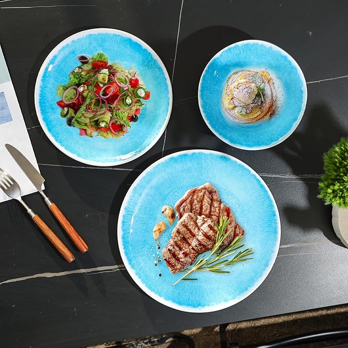 Melamine Dinnerware Sets 12 Pcs Melamine Plates and BowlsParty Plates and Bowls Sets Camping Dishes Set for 4 Unbreakable BPA Free Dishwasher Safe (Lake blue)