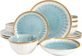 Gibson Elite Mayfair Bay 16-Piece Embossed Double Bowl Dinnerware Set Service for 4 – Blue Stoneware Plates and Bowls
