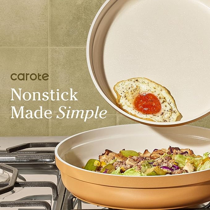 Carote 20pcs Ceramic Cookware Set with Detachable Handles Pots and Pans Set Non Stick RV Kitchen Cooking Pot and Pan Dishwasher Safe Non-toxic Induction Cookware PFAS and PFOA FreeOrange