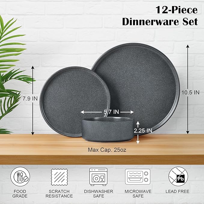 E-far Stoneware Dinnerware Sets for 4 12-Piece Reactive Glaze Plates and Bowls Sets Kitchen Ceramic Dishes Dinning Ware Microwave &amp Dishwasher Safe Deep Gray