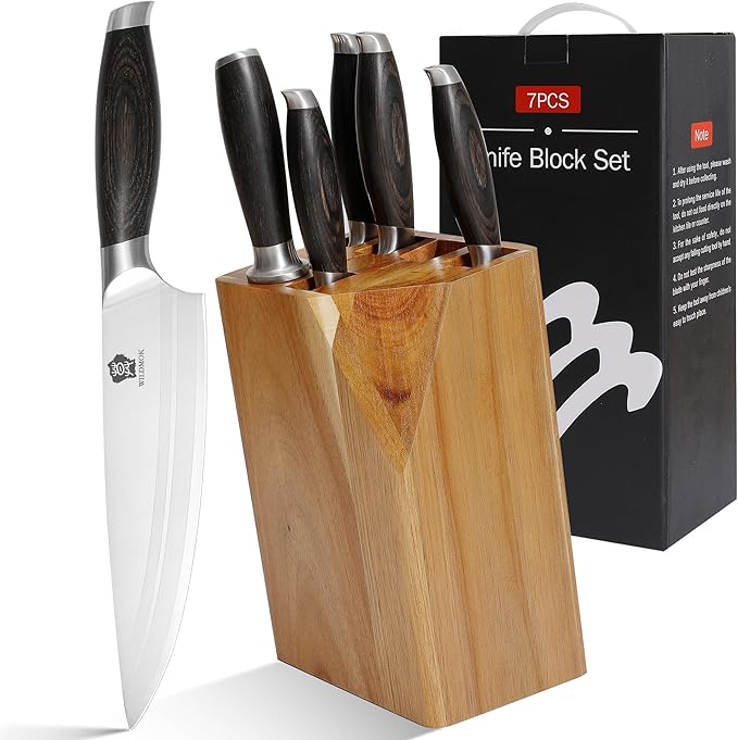 WILDMOK Knife Set 7 Piece Kitchen Knife Set with Block Wooden German Stainless Steel Sharp Chef Knife Set with Sharpener