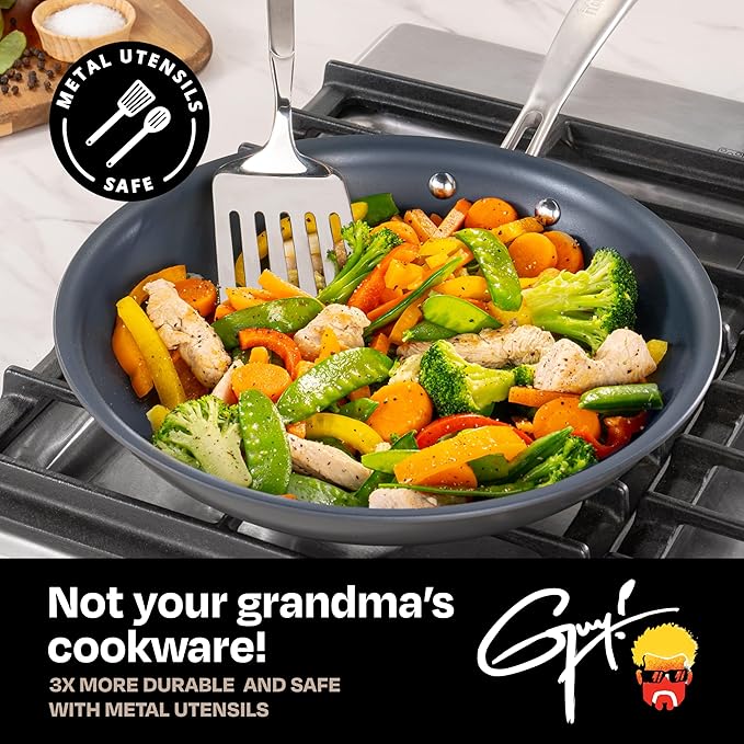 Guy Fieri's Flavortown Laser Titanium 12” Fry Pan with Lid - Non-stick Cookware Without PFAS PTFE or PFOA 3x More Durable Dishwasher Safe Oven Safe