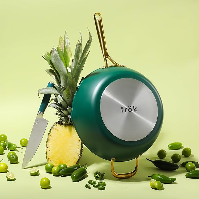 Frok 13 Frying Pan Wok Skillet 4MM Thick Quick Heat Aluminum Cookware w/Aluminum Lid Premium PFA Free Ceramic Nonstick Interior &amp Heat Resistant Exterior - Induction - Green &amp Gold
