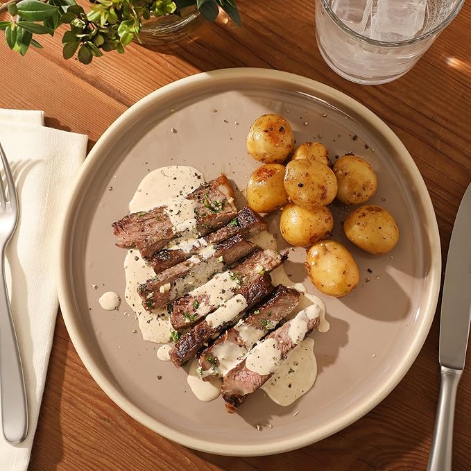 Gibson Elite - Made in Portugal - Port Gaia 12 Piece (Service for 4) Plates and Bowls Reactive Glaze Dishes Stoneware Ceramic Dinnerware Set - Taupe