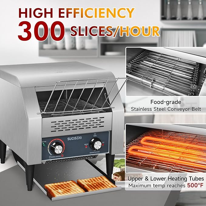 Commercial Toaster 300 Slices/Hour Industrial Conveyor Toaster 1900W Stainless Steel Restaurant Toasters for Croissants Toast Bun Bagel Bread