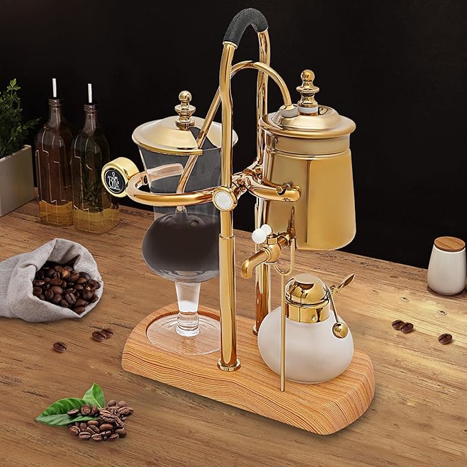 Belgium Family Balance Syphon Coffee Maker Belgian Siphon Unique Gravity Vintage Coffee Maker acuum Brewing System with Tee Handle (Gold)