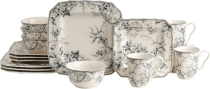 222 Fifth Adelaide 16-Piece Square Floral Dinnerware Set – Service for 4 Grey &amp White Porcelain Plates &amp Bowls for Everyday Dining &amp Entertainment Microwave &amp Dishwasher Safe Chip