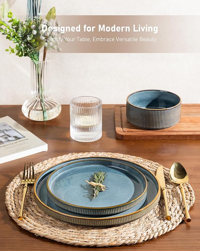 GBHOME 24-Piece Stoneware Dinnerware Set for 8 – Ribbed Ceramic Plates and Bowls Scratch-Resistant Microwave &amp Dishwasher Safe Reactive Glaze Deep Ocean