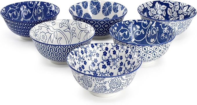 Elama Moxy 6 Piece Assorted Design 20 Ounce Porcelain Footed Blue Bowl Set Cereal Bowls Ice cream Bowls Serveware Tableware Set Dinnerware Set (Moxy)