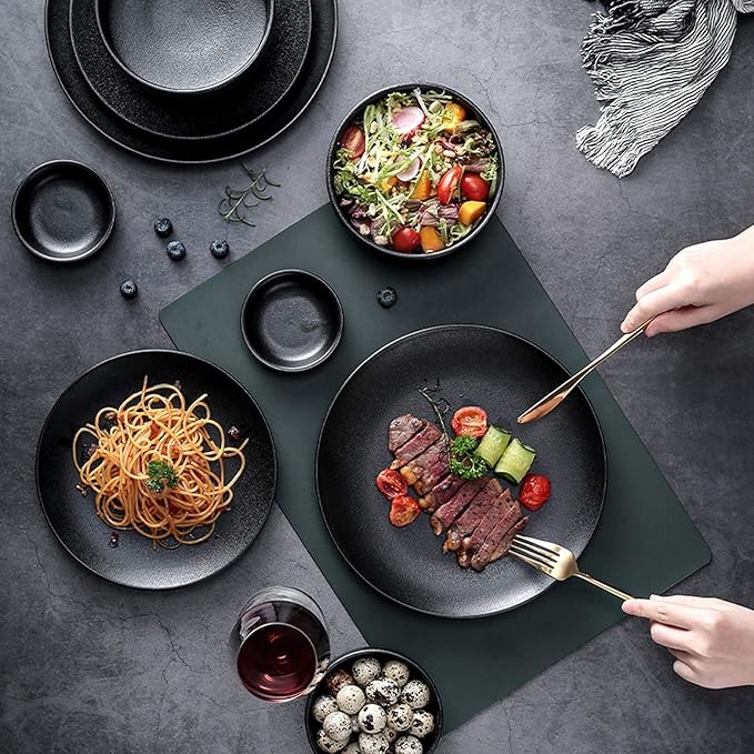 Ceramics Dinner Sets 46 Pieces Matte Black Glaze Cereal Bowl and Steak Plate Set | Porcelain Dinnerware Set for Family Gathering and Restaurant