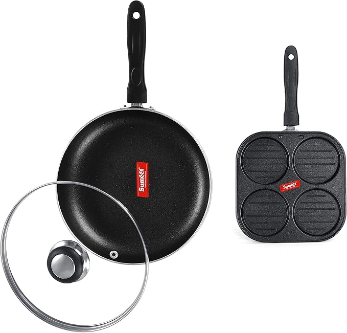 Sumeet NonStick Silfur Cookware Set (Frypan with Glass Lid - 1.5Ltr - 22Cm Dia + Mini Multi Snack Maker - 4 Cavity -19.5cm)