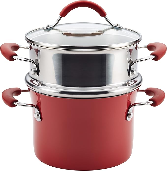 Rachael Ray Cucina Nonstick Cookware Pots and Pans Set 12 Piece Cranberry Red &amp Cucina Nonstick Sauce Pot/Saucepot with Steamer Insert and Lid 3 Quart Cranberry Red