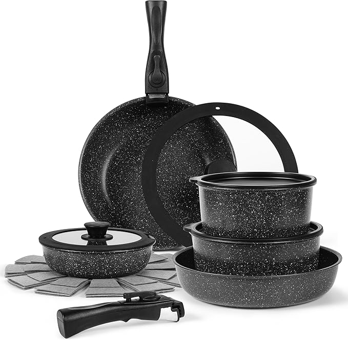 15-Piece Premium Nonstick Cookware Set – Marble Coated Pots &amp Pans (Interior &amp Exterior) Removable Handle Space-Saving for RVs &amp Small Kitchens Induction &amp Oven Safe PFOA-Free